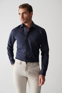 Navy Blue Slim Fit Wrinkle Free Cotton Shirt - ÃZARMAN